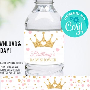 Editable Princess Baby Shower Bottle Label, Little princess Pink and gold Water bottle labels, Digital Instant download template