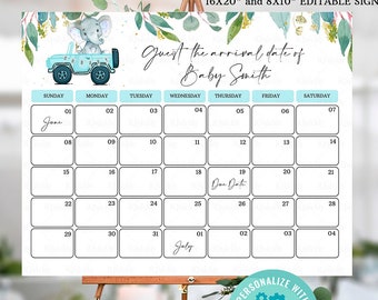 Editable Due Date Calendar Game Elephan Boy guess the due date calendar, Pregnancy Announcement Calendar Blue Guess Baby Birthday Calendar