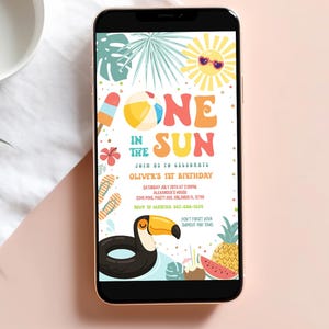 One In The Sun 1st Birthday Party Electronic Invitation Editable Pool Party Invite Beach Ball Summer Splish Splash Boy 1st Birthday
