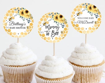 EDITABLE Bee Baby Shower Cupcake toppers What will baby bee theme Baby Shower cake topper Gender Reveal Sunflower Instant Download BEE015