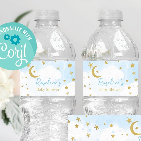 EDITABLE Twinkle Twinkle Little Star Bottle Label, Water labels Printable Boy Baby shower Template blue and gold  Instant download template