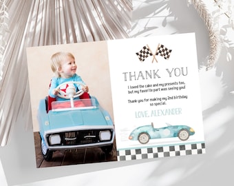 Edytowalne DWA Szybkie urodziny Dziękuję karta Samochód wyścigowy 2 urodziny Notatka samochód Samochód wyścigowy Vintage Racecar Wydrukuj szablon Natychmiastowe pobranie FA01