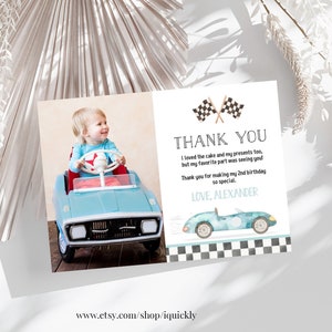Editable DOS Cumpleaños Rápido Gracias tarjeta Racecar 2do Cumpleaños Nota coche Racing Car Vintage Racecar Plantilla imprimible Descarga instantánea FA01