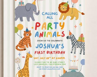 Party Animals Birthday Invite, Editable Safari Animals Birthday Party, Colorful Any Age Birthday Invitation, Calling All Party Animals