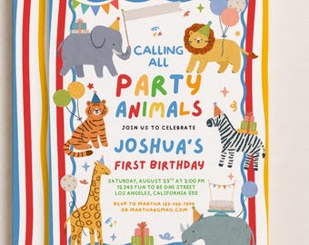 Party Animals Birthday Invite, Editable Safari Animals Birthday Party, Colorful Any Age Birthday Invitation, Calling All Party Animals