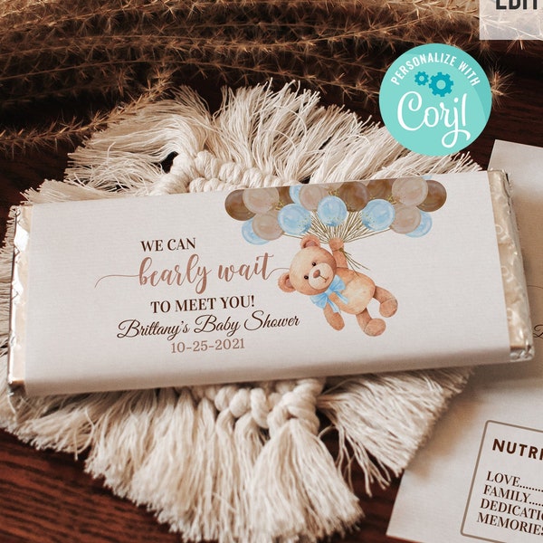 EDITABLE Teddy Bear Candy Bar Wrapper Chocolate Bar Wrappers Baby Shower Ballon à air chaud Bleu brun Genre neutre anniversaire Téléchargement numérique