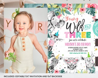 Editable Young Wild and Three Invitation Girl Pink and Gold Safari Animals Zoo Instant Download Printable Template Digital Corjl