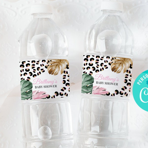 Editable Leopard print Baby Shower Bottle label, Safari Shower Water bottle label, Wild one decor Template digital download corjl