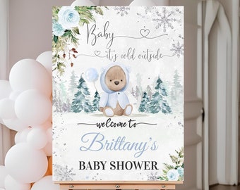 Editable Winter Baby Shower Welcome sign Teddy Bear Boy Bear Yard sign Baby It's Cold Outside Party sign Template Printable Instant Download