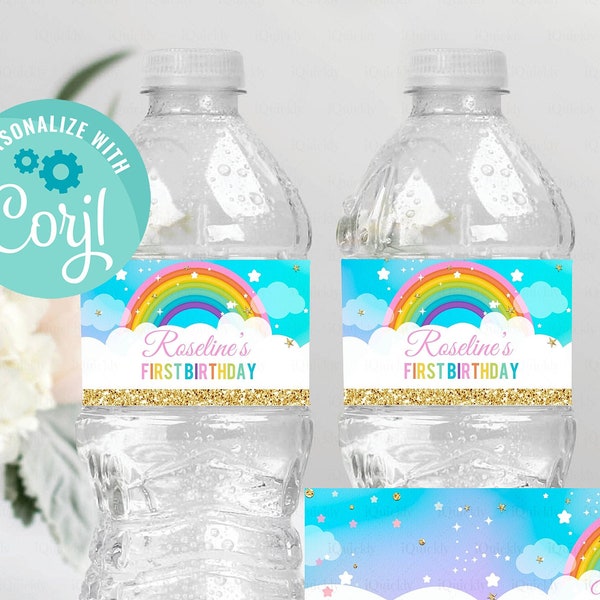 EDITABLE Rainbow Bottle Label, Water labels Printable 1st Birthday Template, Rainbow and gold Instant download Digital printable