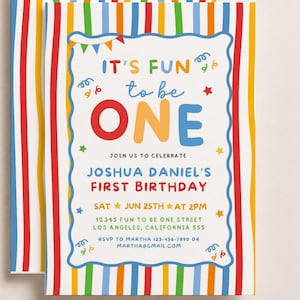 Può includere: Un biglietto d'invito di compleanno rettangolare con un bordo a strisce verticali colorate in rosso, arancione, giallo, verde e blu. Il testo centrale recita: IT'S FUN to be ONE, JOIN US TO CELEBRATE, JOSHUA DANIEL'S FIRST BIRTHDAY, SAT JUN 25TH AT 2PM.