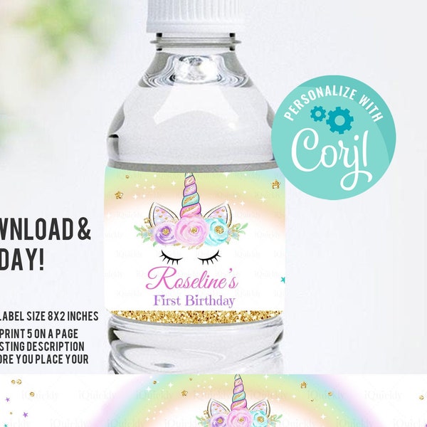 Étiquettes d'eau de bouteille de licorne modifiables, douche de bébé de licorne, licorne rose et or, fête de licorne scintillante Téléchargement instantané Modèle imprimable