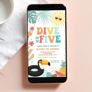 Dive Into Five Birthday Party Electronic Invitation Editable 5th Pool Party Invite Tropical Summer Splish Splash Boy Birthday
