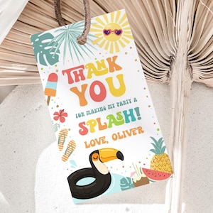 Pool Party Favor tags Editable Tropical Splish Splash boy Thank you tag Summer Swimming Pool Gifts tags Splash Pad Party Any age Digital