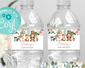 Woodland Baby Shower Bottle Label, EDITABLE Girl woodland animals Water bottle labels, Digital, Woodland Theme Instant download