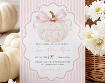 Little Pumpkin Baby Shower Invitation: Editable Fall invite Pink Bow Girl(Printable template Digital Download)