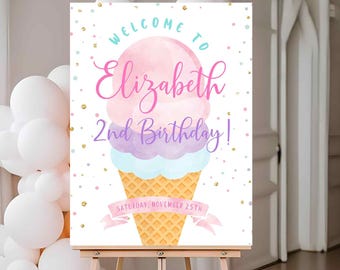 Ice Cream Birthday Welcome sign Editable First Birthday Party Sign Here Scoop Cone Yard Sign Pink  Gold Purple Printable Template Digital