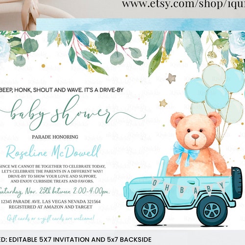 Editable Drive by Baby Shower Invitation Teddy Bear Drive Etsy