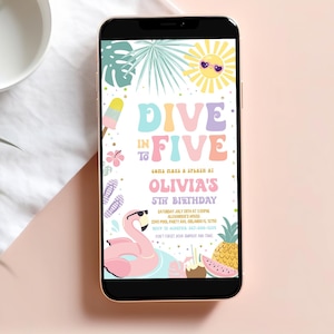 Dive Into Five 5th Birthday Party Electronic Invitation Editable Pool Party Invite Tropical Summer Splish Splash Girl Birthday