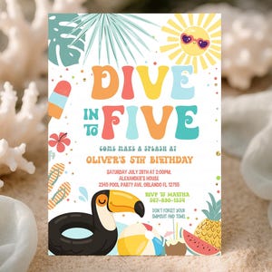 Dive Into Five 5th Birthday Party Invitation Editable Pool Party Invite Tropical Summer Splish Splash Boy Birthday