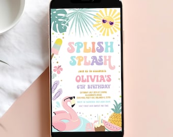 Splish Splash Birthday Electronic Invitation Editable Pool Party Invite Tropical Girl Summer Swimming Pool Splash Pad Party Any age