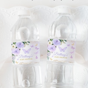 BEWERKBARE vlinder baby shower fles label, paarse vlinder baby shower water label feestdecoratie afdrukbare Instant Download BU102