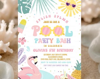 Puede incluir: Una colorida invitación a una fiesta en la piscina con el texto "Splish Splash, Join us for a Pool Party Bash". La invitación presenta un flamenco, gafas de sol y un gráfico de sol. La invitación es para celebrar el 5º cumpleaños de Olivia.