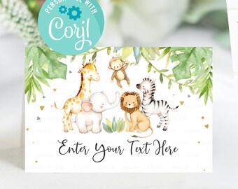 BEWERKBARE Safari Food-tags, Genderneutraal Buffetlabel, Jungle Tent-kaart Wild Food Labels, Plaatskaarten Tabelkaartsjabloon Direct downloaden