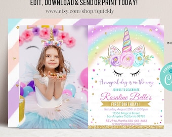 Editable Unicorn Invitation, Rainbow Unicorn invite, Unicorn Party Unicorn Birthday, Magical Unicorn Photo Girl gold Download Printable