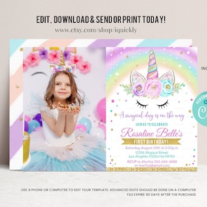 Editable Unicorn Invitation, Rainbow Unicorn invite, Unicorn Party Unicorn Birthday, Magical Unicorn Photo Girl gold Download Printable