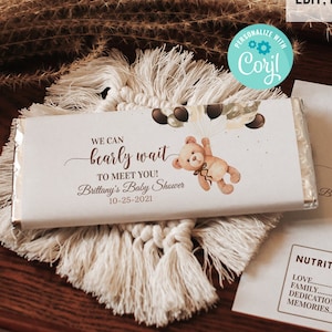 EDITABLE Teddy Bear Candy Bar Wrapper Chocolate Bar Wrappers Baby Shower Hot air balloon brown gold Gender neutral birthday Digital Download
