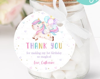 Editable Unicorn Favor Tags Unicorn Birthday Party Thank You Gift Tags Magical Rainbow Girl Round Sticker Corjl Pink Gold Template