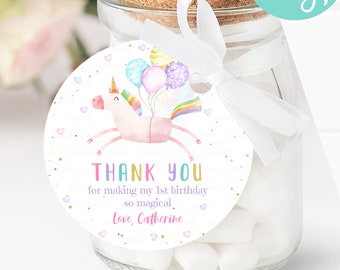 Editable Unicorn Favor Tags Unicorn Birthday Party Thank You Gift Tags Magical Rainbow Girl Round Sticker Corjl Pink Gold Template
