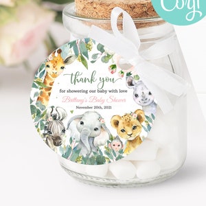 EDITABLE Safari Favor etiquetas, Girl Wild One Baby Shower Gracias etiquetas, Gold Jungle Animals Gift tag, Plantilla imprimible Descarga instantánea