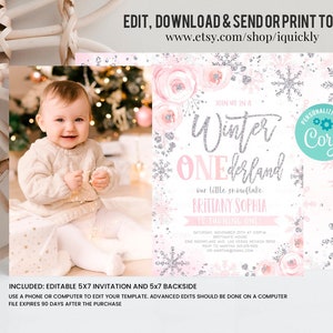 Editable Winter onederland Invitation Pink Silver Girl First birthday Snowflake photo Invite Floral Winter onederland Party Instant Download