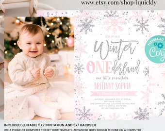 Editable Winter Onederland Invitation, Girl Snowflake First Birthday Pink Silver Winter Wonderland Invites 1st Birthday Template Download