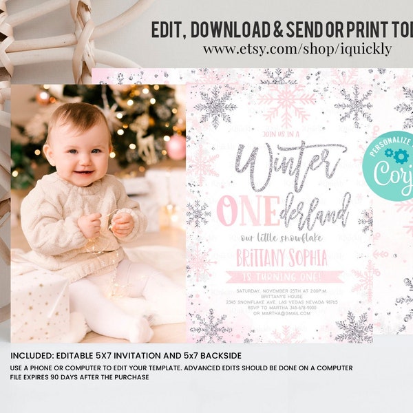 Editable Winter Onederland Invitation, Girl Snowflake First Birthday Pink Silver Winter Wonderland Invites 1st Birthday Template Download