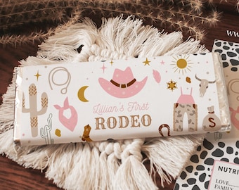 REDIGERBAR Min första Rodeo godisbarspapper chokladkakapapper cowboyfestgåvor 1-årsdag digital nedladdning utskrivbar mall R103