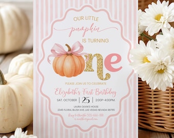 Little Pumpkin 1st Birthday Invitation Editable Pink Orange 1st Birthday Girl Invite Fall Our Little Pumpkin is One