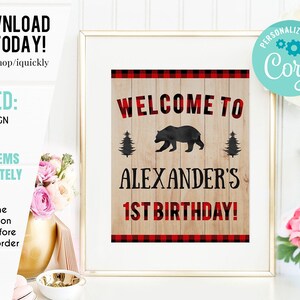 EDITABLE Lumberjack Birthday Welcome sign, Buffalo Plaid Rustic Boy Bear cub Printable 1st Birthday Decorations Instant download Template