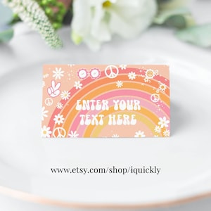 EDITABLE Groovy Food etiquetas Daisy Buffet etiqueta Hippie Tent tarjeta fiesta de los 70 Tarjetas de lugar Plantilla de tarjeta de mesa Descarga digital instantánea G202