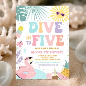 Dive Into Five 5th Birthday Party Invitation Editable Pool Party Invite Tropical Summer Splish Splash Girl Birthday