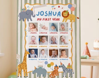 Wild one Photo Poster Party animals Birthday Milestone Sign, Safari Jungle First Birthday Sign, Zoo Custom Photo 1st Birthday