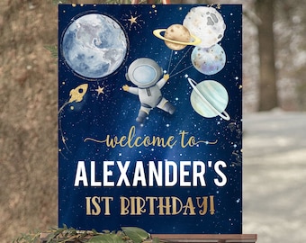 Bewerkbare ruimte verjaardag welkom teken 1e verjaardag jongen Galaxy planeten reis rond de zon astronaut sjabloon afdrukbare Corjl FT104