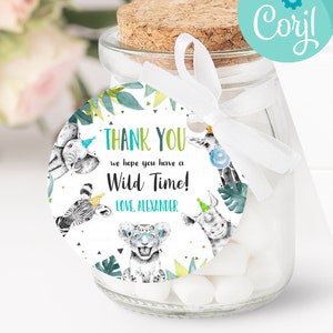 Editable Party Animals Favor Tags Wild three Animals Thank You Tags Safari Zoo Boy Birthday Wild Time Gift Tag Digital Corjl Template