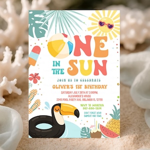 One In The Sun 1st Birthday Party Invitation Editable Pool Party Invite Beach Ball Summer Splish Splash Boy 1st Birthday