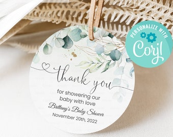 Editable Eucalyptus Greenery Baby Shower favors, Eucalyptus Shower Thank you tags, Gift tags Template digital download corjl