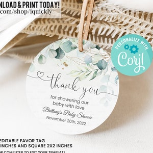 Editable Eucalyptus Greenery Baby Shower favors, Eucalyptus Shower Thank you tags, Gift tags Template digital download corjl