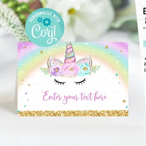 EDITABLE Unicorn Food tags Buffet label Tent card Food Labels Place Cards Table Card Printable Template, Unicorn party Girl Instant download