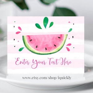 Etiquetas EDITÁVEIS de melancia Etiqueta de buffet Cartão de barraca Etiquetas de alimentos Cartões de lugar Cartão de mesa Modelo imprimível, Melões festa Menina baixar WM3